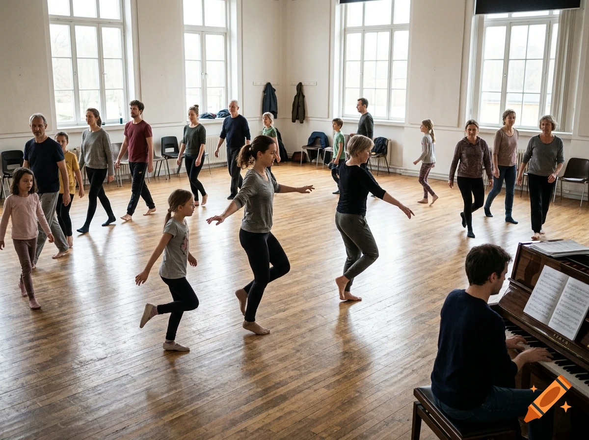 Photorealistic scene of diverse students and children of various ages dancing in a large studio while a man plays the piano.