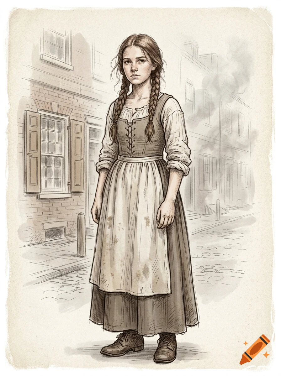 Sketch-like drawing of a 15-year-old girl with braided hair wearing working class clothes from 1793 standing on a cobblestone street.