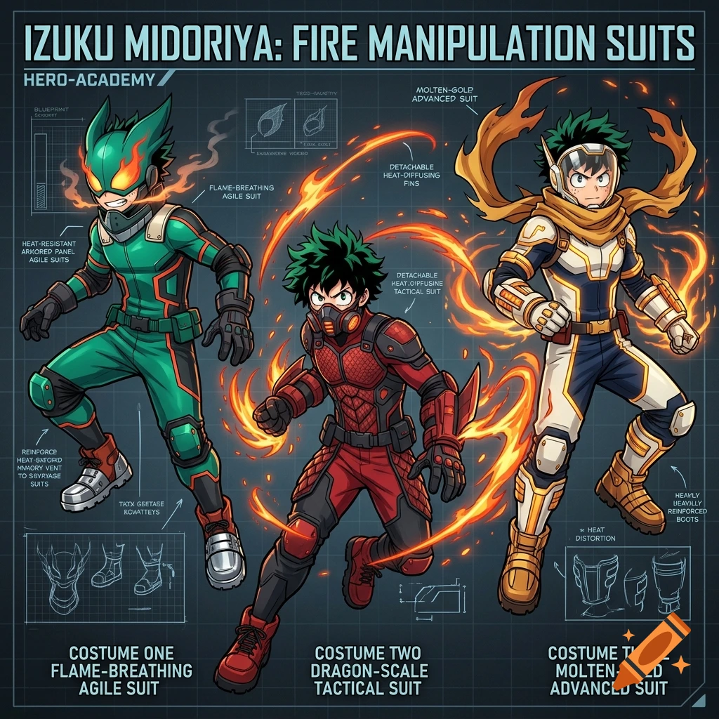 Concept art sheet showing three fire-manipulation hero suits for Izuku Midoriya in My Hero Academia style.