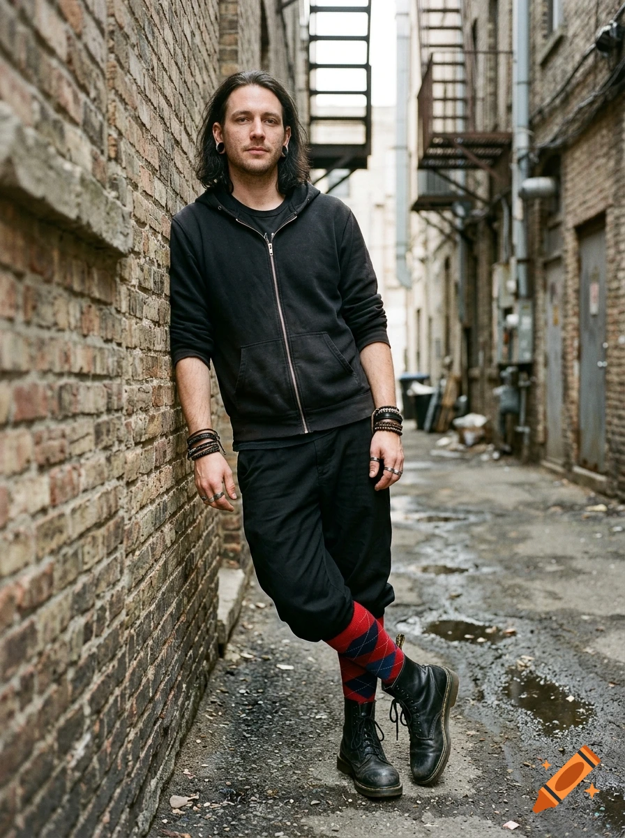 Photorealistic portrait of a man with long dark hair and ear gauges leaning against an alleyway brick wall, wearing a black hoodie and red argyle socks.