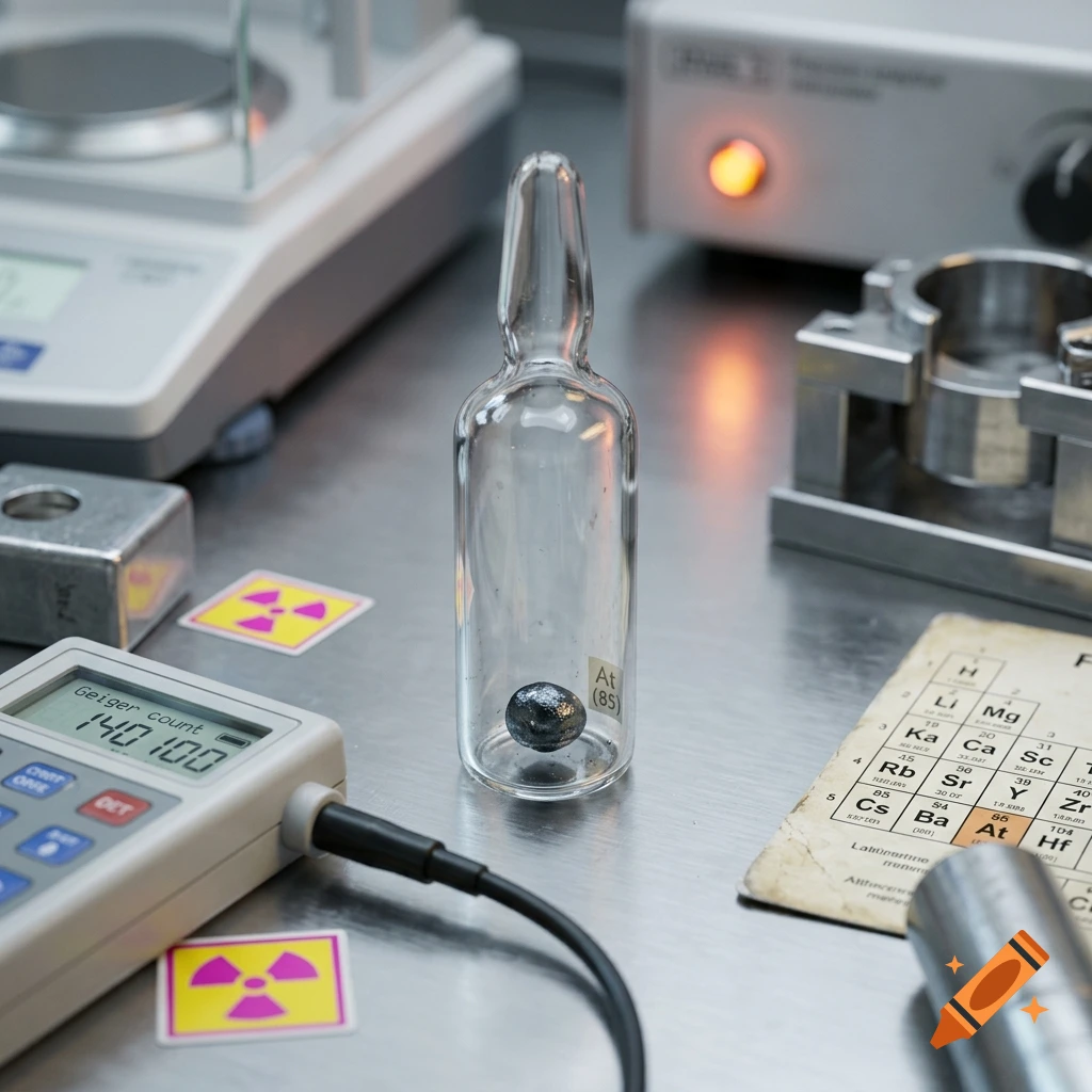 A small dark sphere labeled At (85) inside a glass ampoule on a laboratory bench with scientific instruments.
