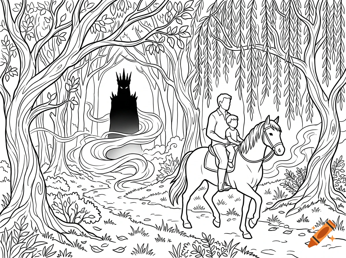 Black and white coloring page of a man and child riding a horse through a forest with a shadowy crowned figure in the background.