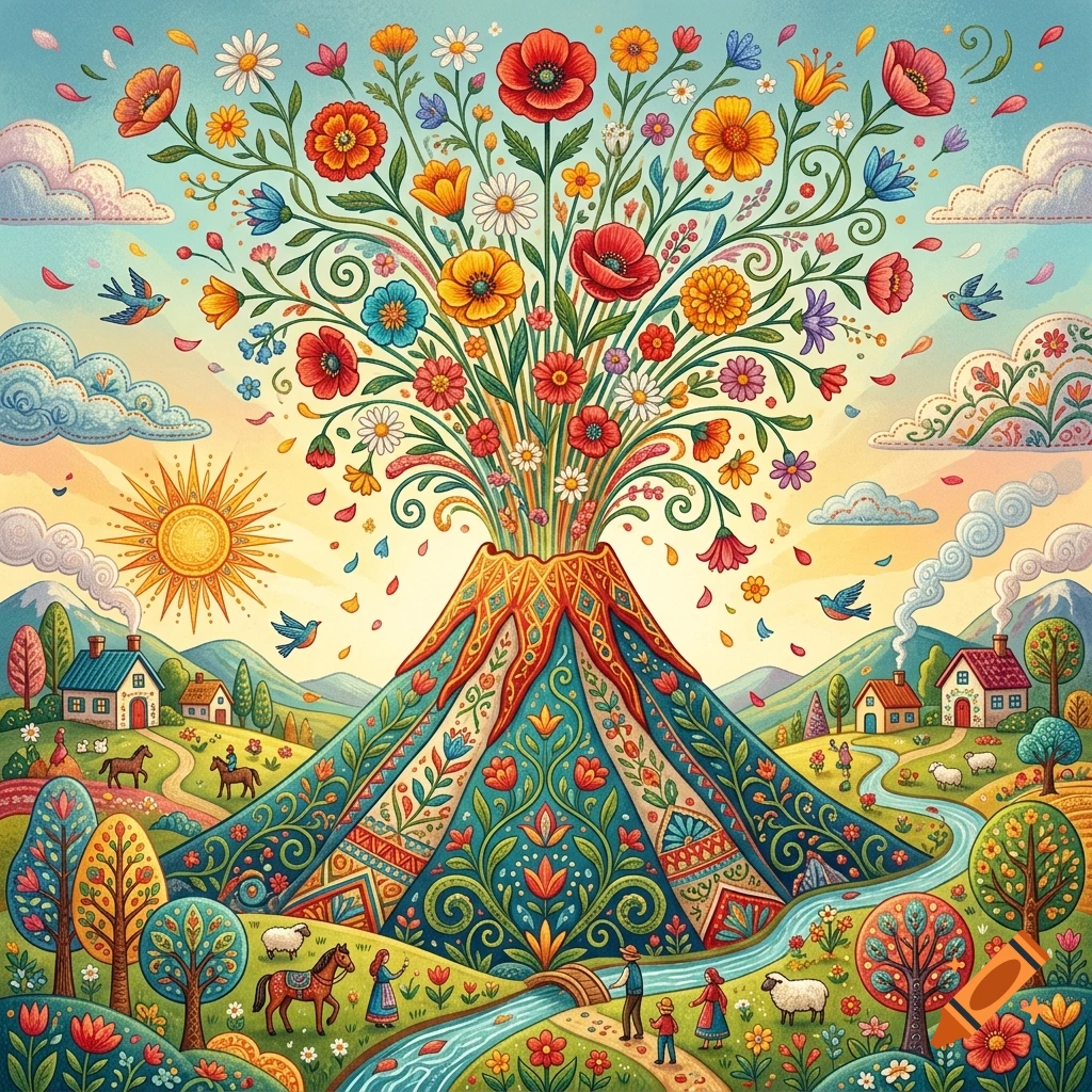 Folk art style illustration of a colorful volcano erupting a vibrant burst of flowers in a whimsical landscape with houses and a sun.