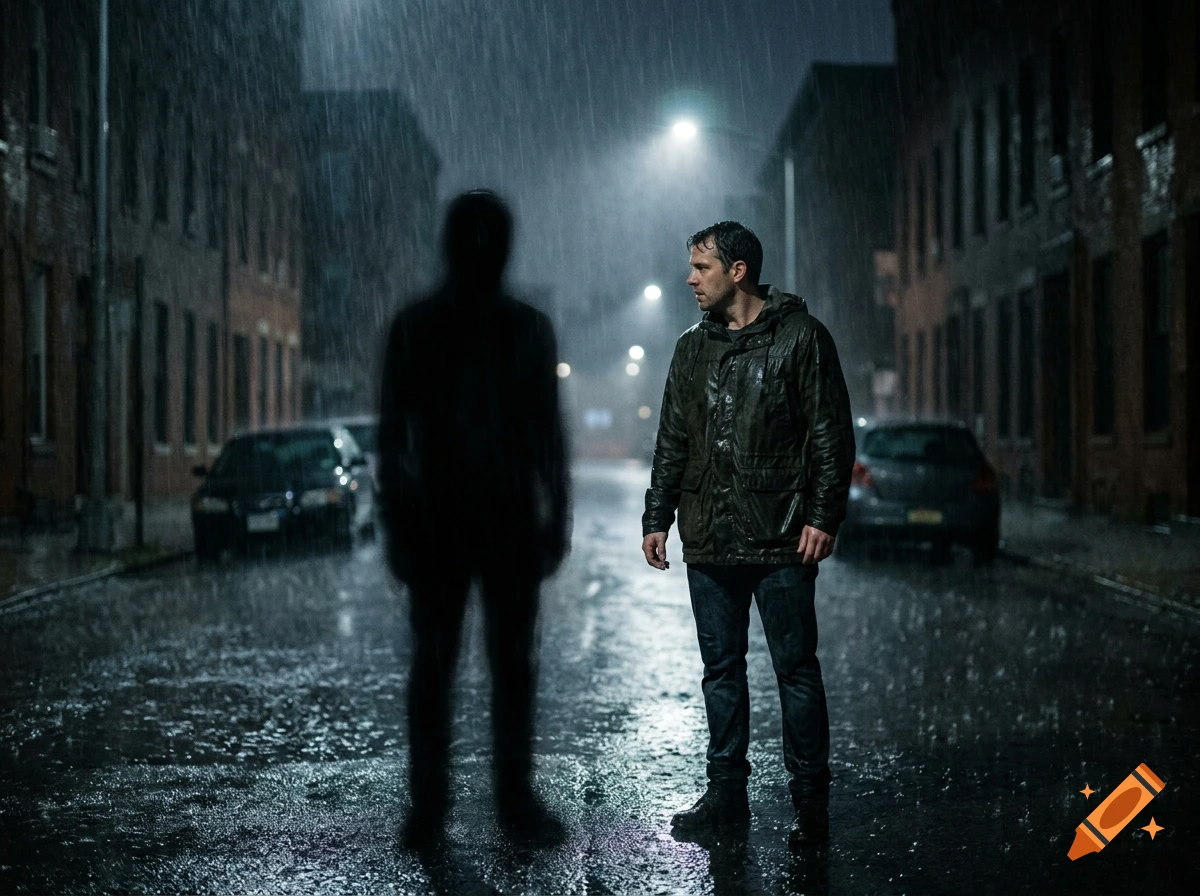Photorealistic night scene of a man standing in a city street during a heavy rain, facing a blurry dark shadowy figure.