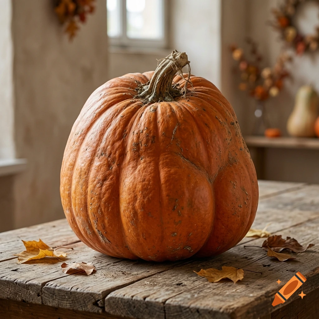 Photorealistic image of a large orange pumpkin on a rustic wooden table with scattered autumn leaves.