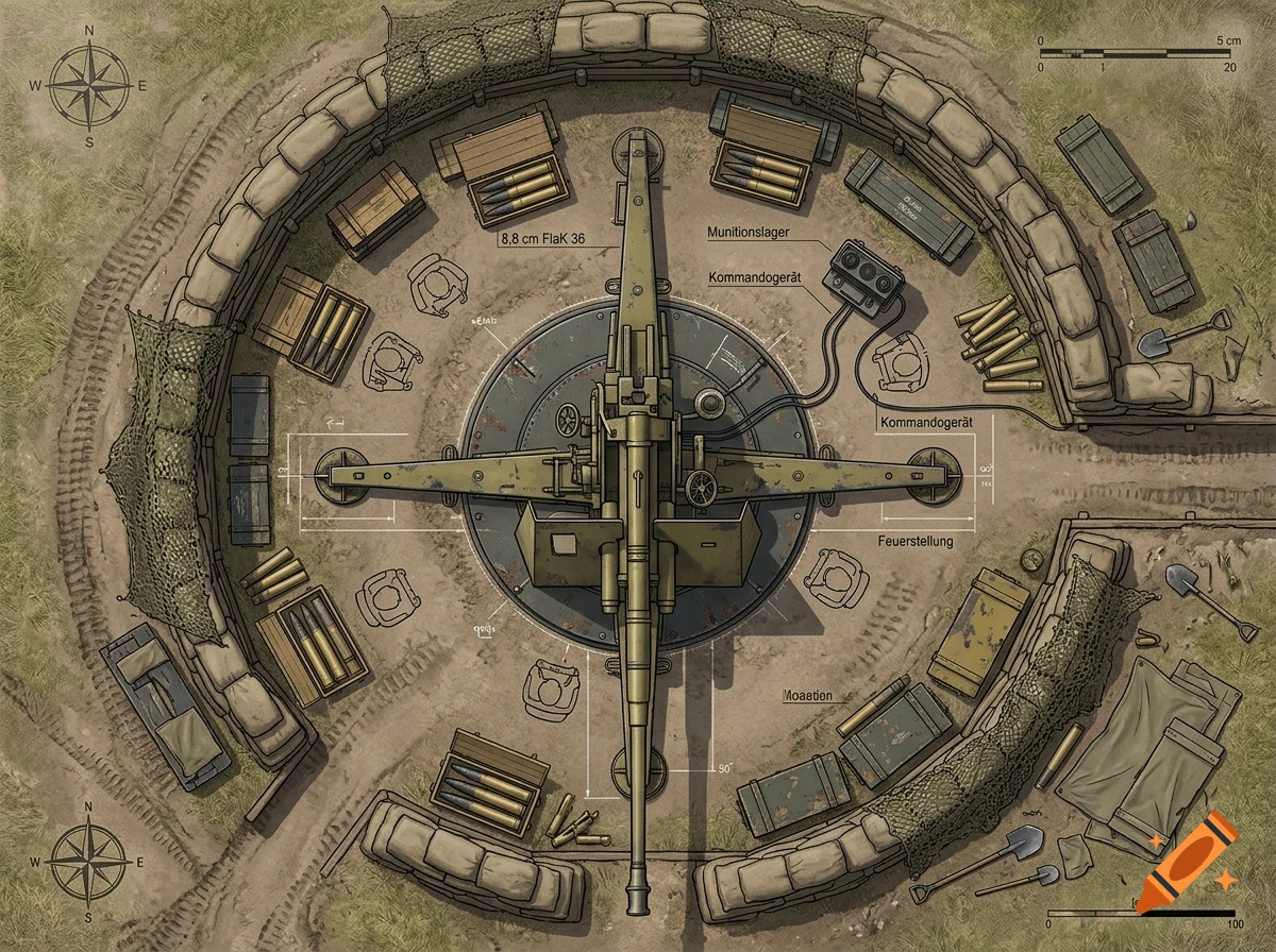 Top-down battle map of an 8.8 cm Flak 36 gun in a fortified trench position.