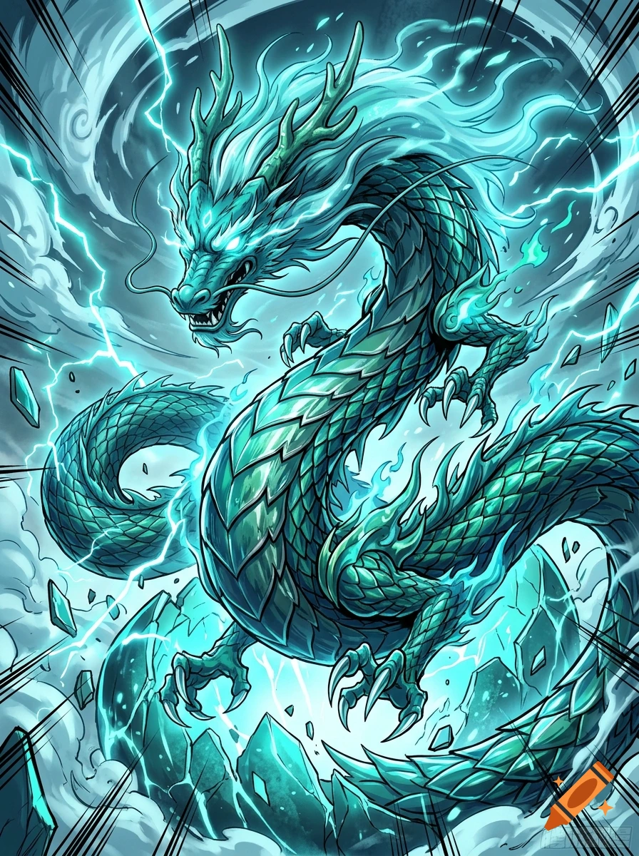 An epic digital illustration of a massive, serpentine cyan Eastern dragon surrounded by lightning and spiritual energy in a manhua style.