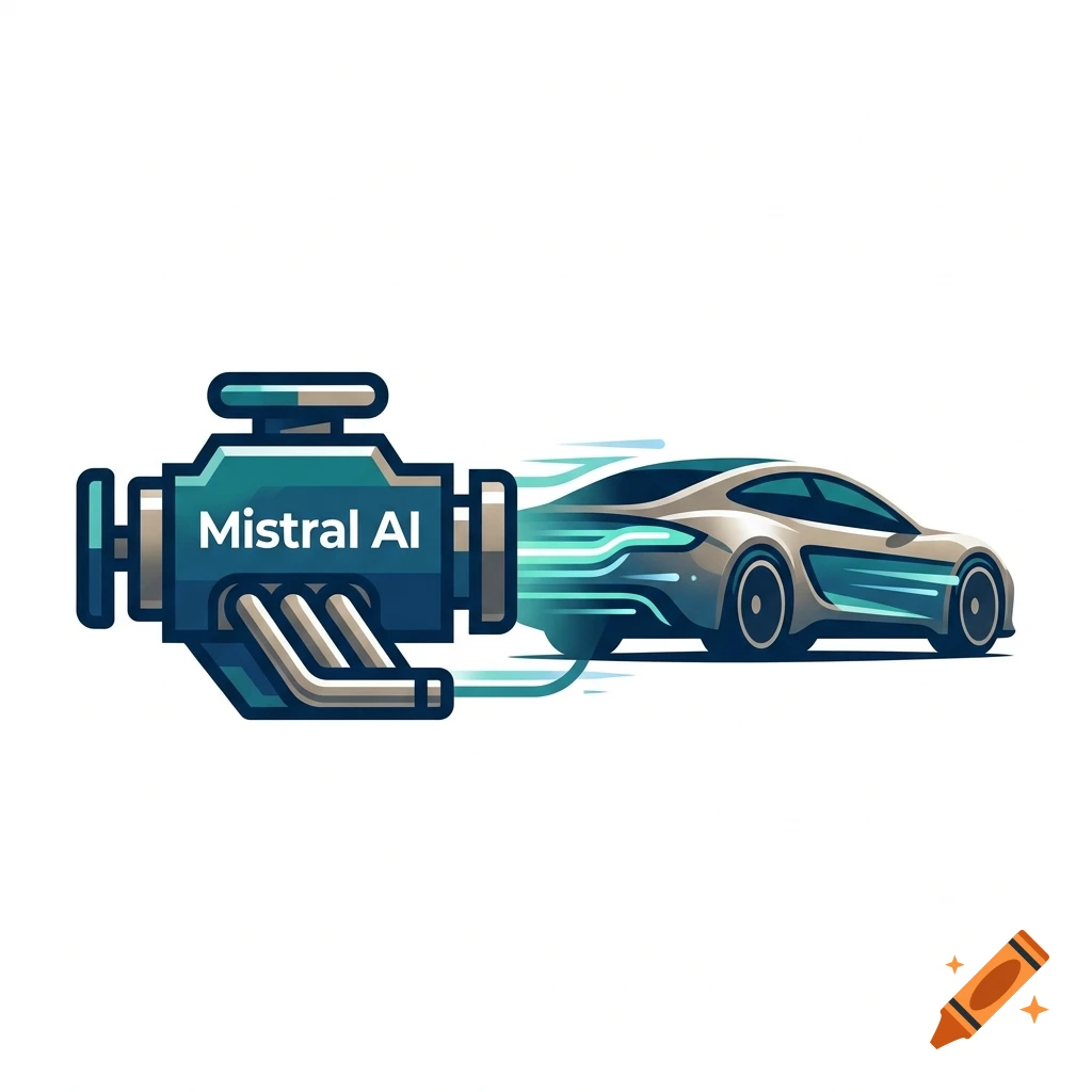 Vector illustration of an engine labeled Mistral AI powering a sleek futuristic car.