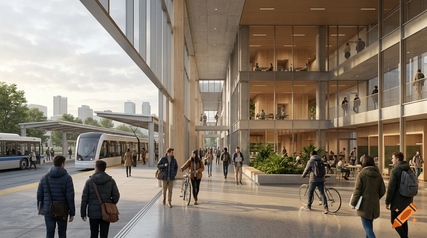 Photorealistic architectural visualization of a modern university transit station and campus building with students.