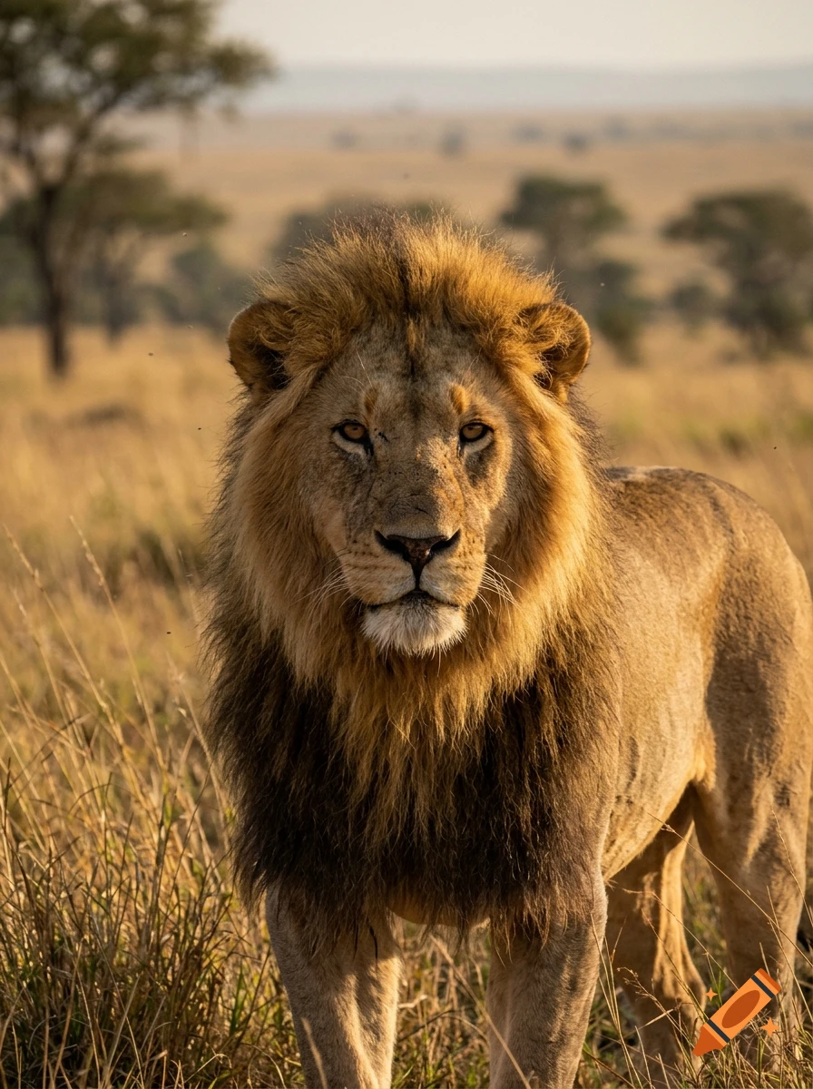 A close-up photograph of a male lion standing in a grassy savannah with sparse trees in the background.