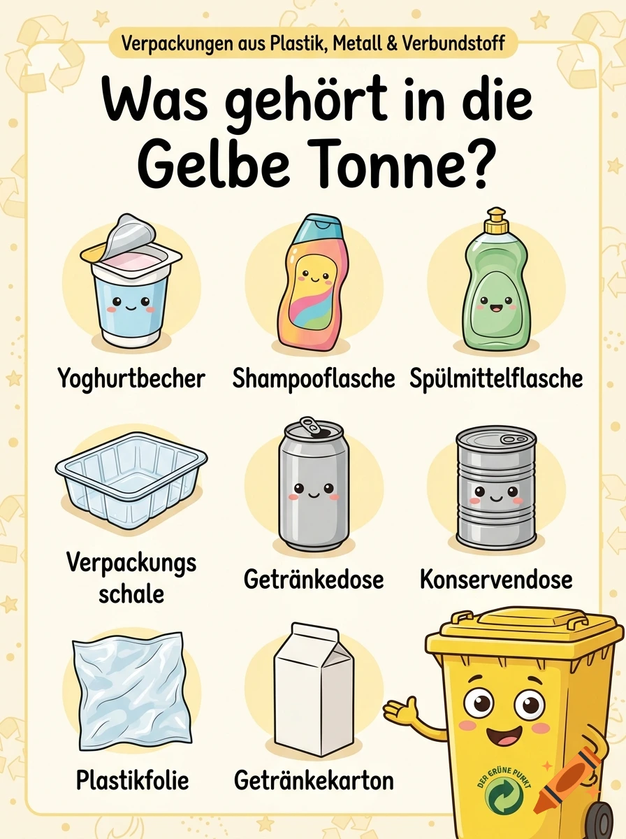 Educational poster in German illustrating items that go into the yellow recycling bin, featuring cute cartoon items.