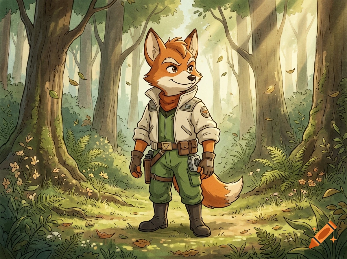 An anthropomorphic orange fox wearing a jacket and trousers stands in a sunny, stylized forest in a classic animated film style.