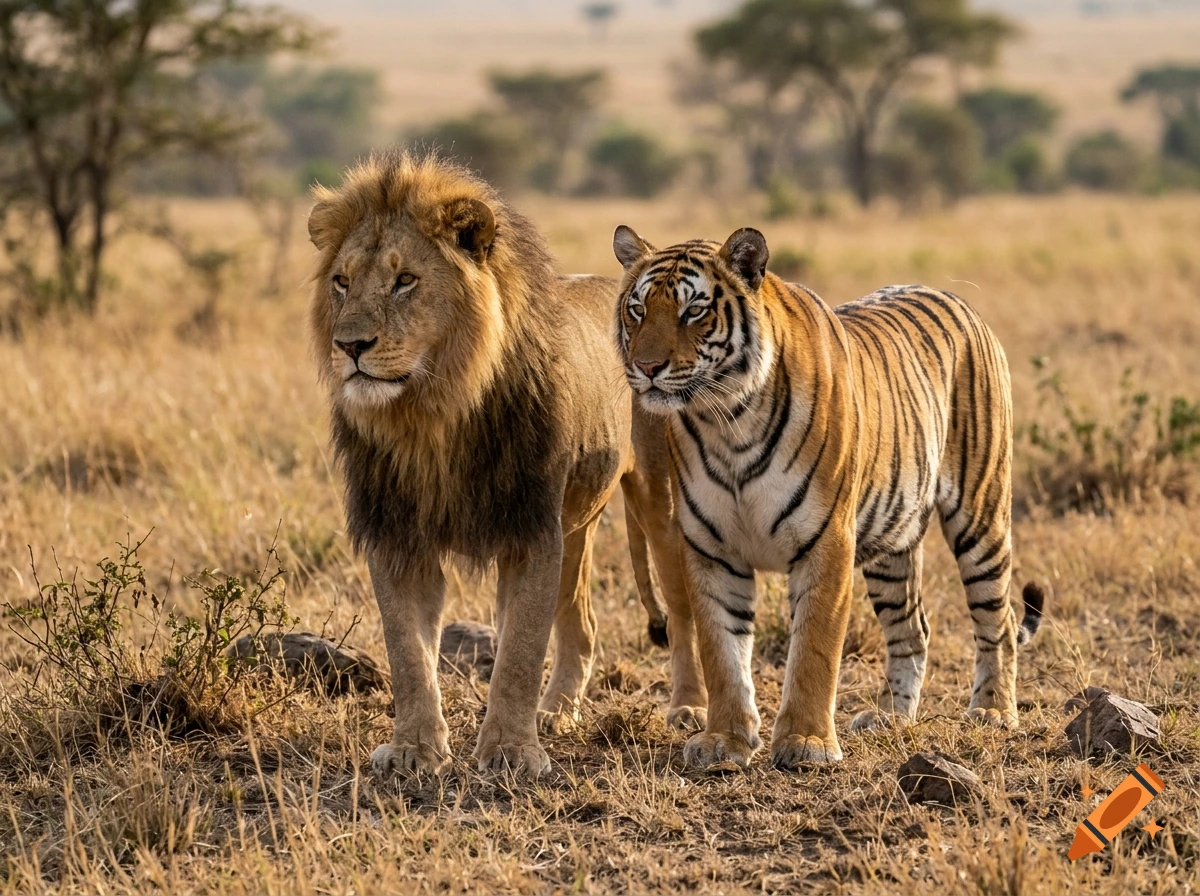 Photorealistic image of a male lion and a tiger standing side by side in an African savanna landscape.