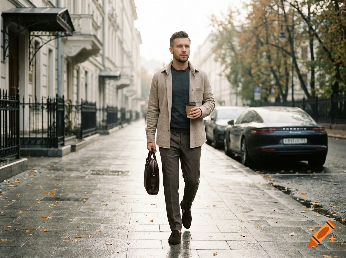 A man in a beige overshirt and brown trousers walking down a city street, carrying a briefcase and holding a coffee cup.