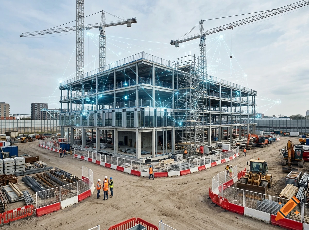 Photorealistic modern construction site with a building under construction, cranes, workers, and overlaid digital network nodes.