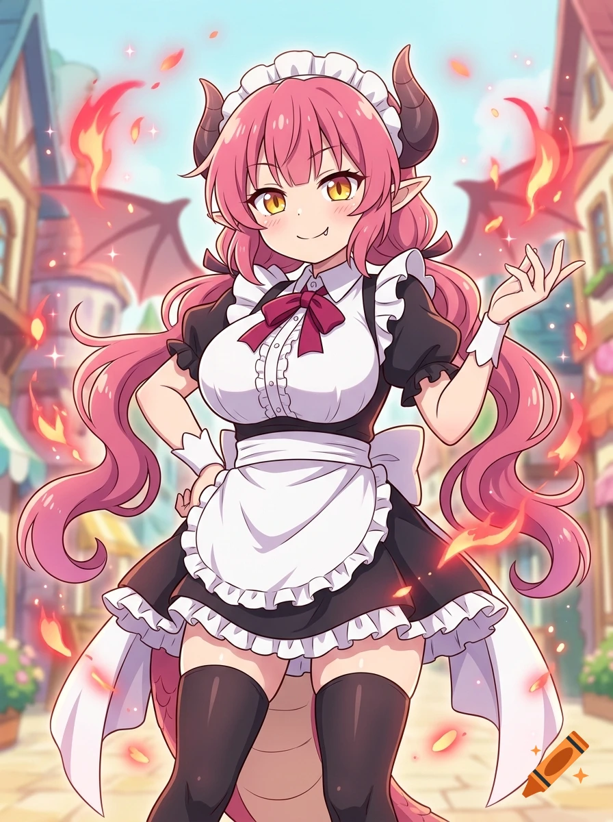 Anime style illustration of Ilulu from Miss Kobayashi's Dragon Maid in a maid outfit with pink hair and dragon horns, standing in a town street.