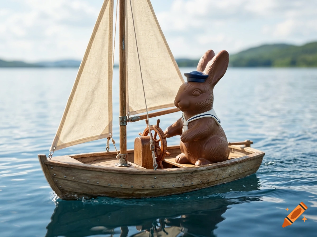 A chocolate bunny wearing a sailor hat and collar, steering a wooden toy sailboat on a calm lake.