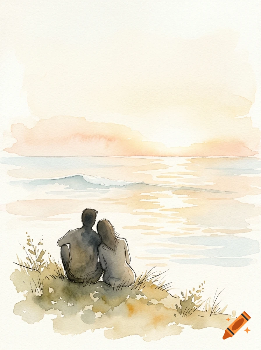 Watercolor painting of a man and woman sitting on a grassy cliff, viewed from behind, looking out at a calm sea at sunrise.