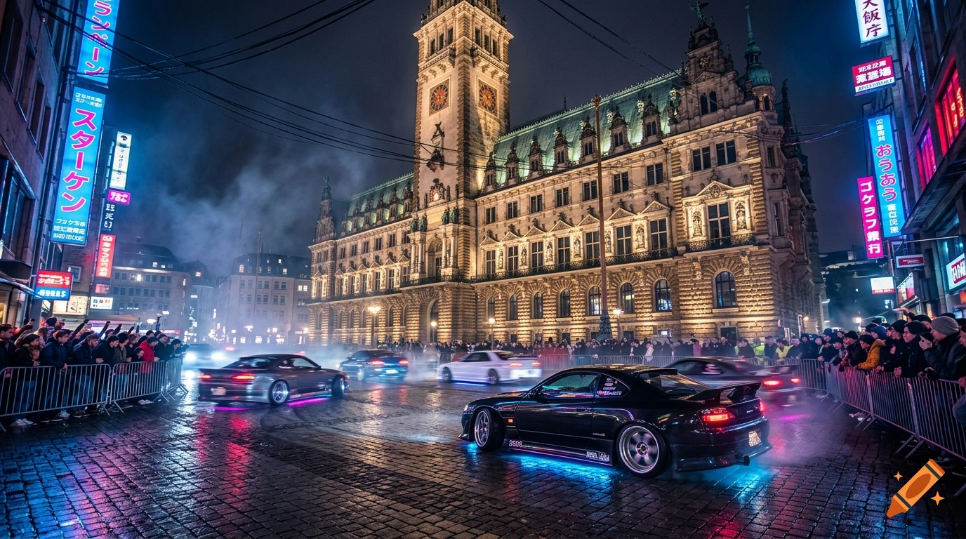Photorealistic night scene of a German town hall with drifting cars and neon signs, inspired by Tokyo Drift.