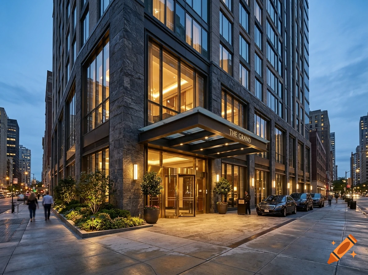 Photorealistic exterior view of a modern luxury hotel with the name 'The Grand' above the entrance awning at dusk.