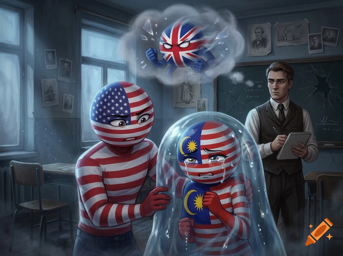 Countryballs style characters of USA and Malaysia in a classroom, with Malaysia trapped in a gel bubble and UK in a thought bubble above.