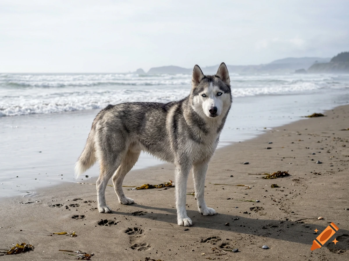 Photorealistic husky standing on a sandy beach with ocean waves in the background.