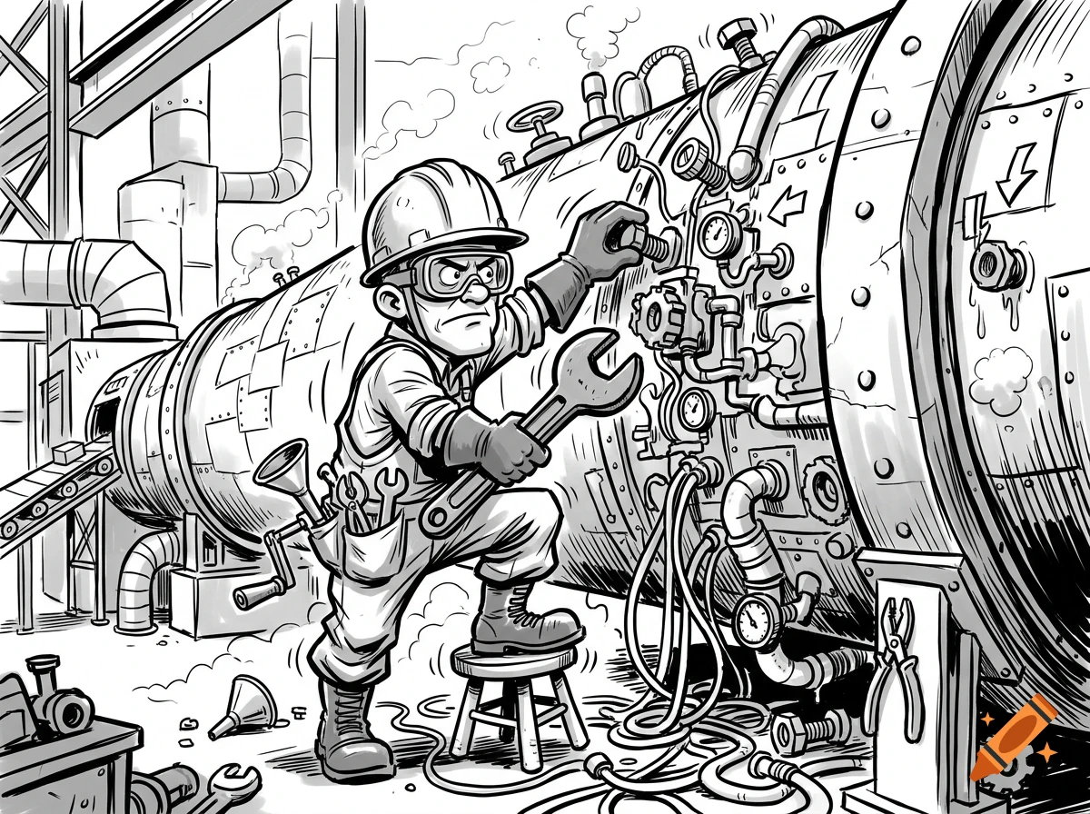 Black and white comic style illustration of a worker fixing industrial machinery in a factory.
