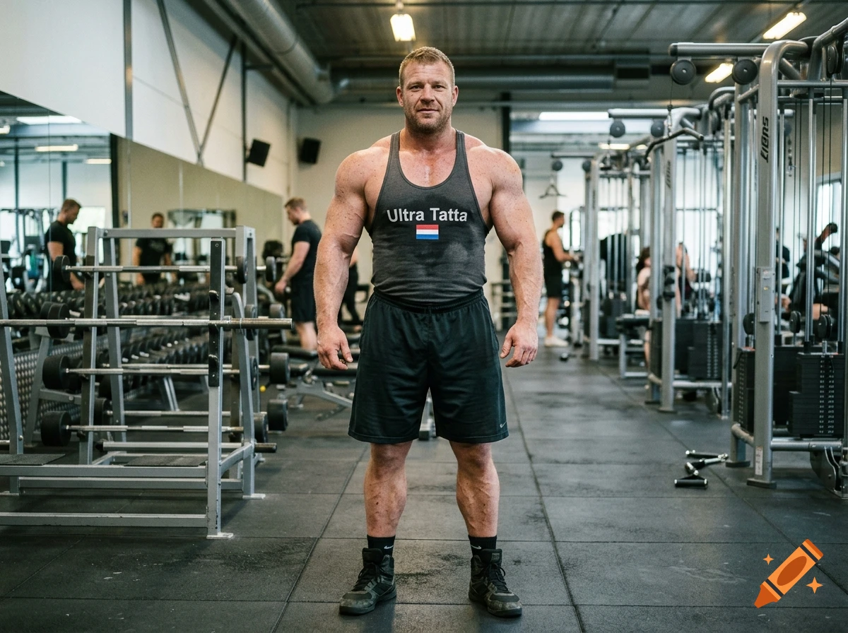Photorealistic portrait of a muscular Dutch bodybuilder standing in a gym, wearing a tank top with text.