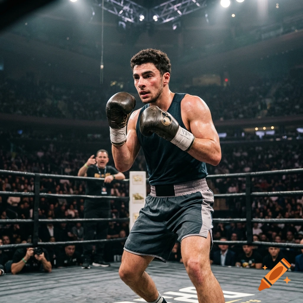 Photorealistic image of a boxer in a ring with a crowd watching.