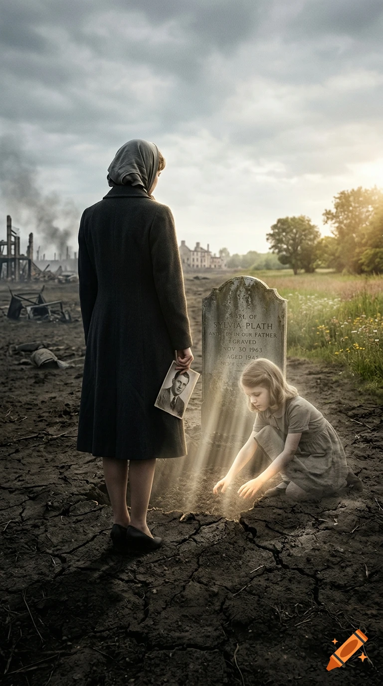 Photorealistic image of an adult woman standing before Sylvia Plath's grave holding a photograph, while a semi-transparent child reaches into glowing earth.