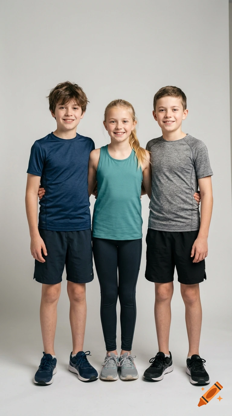 Full-body studio portrait of three smiling children standing side-by-side against a plain light gray background, wearing athletic clothing.