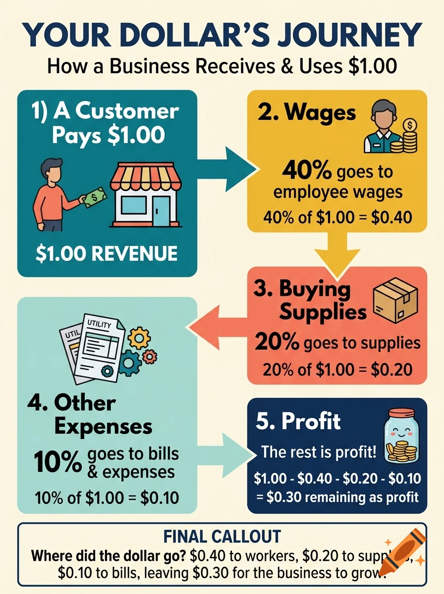 An educational infographic flowchart titled YOUR DOLLAR'S JOURNEY explaining how a business allocates one dollar into wages, supplies, expenses, and profit.