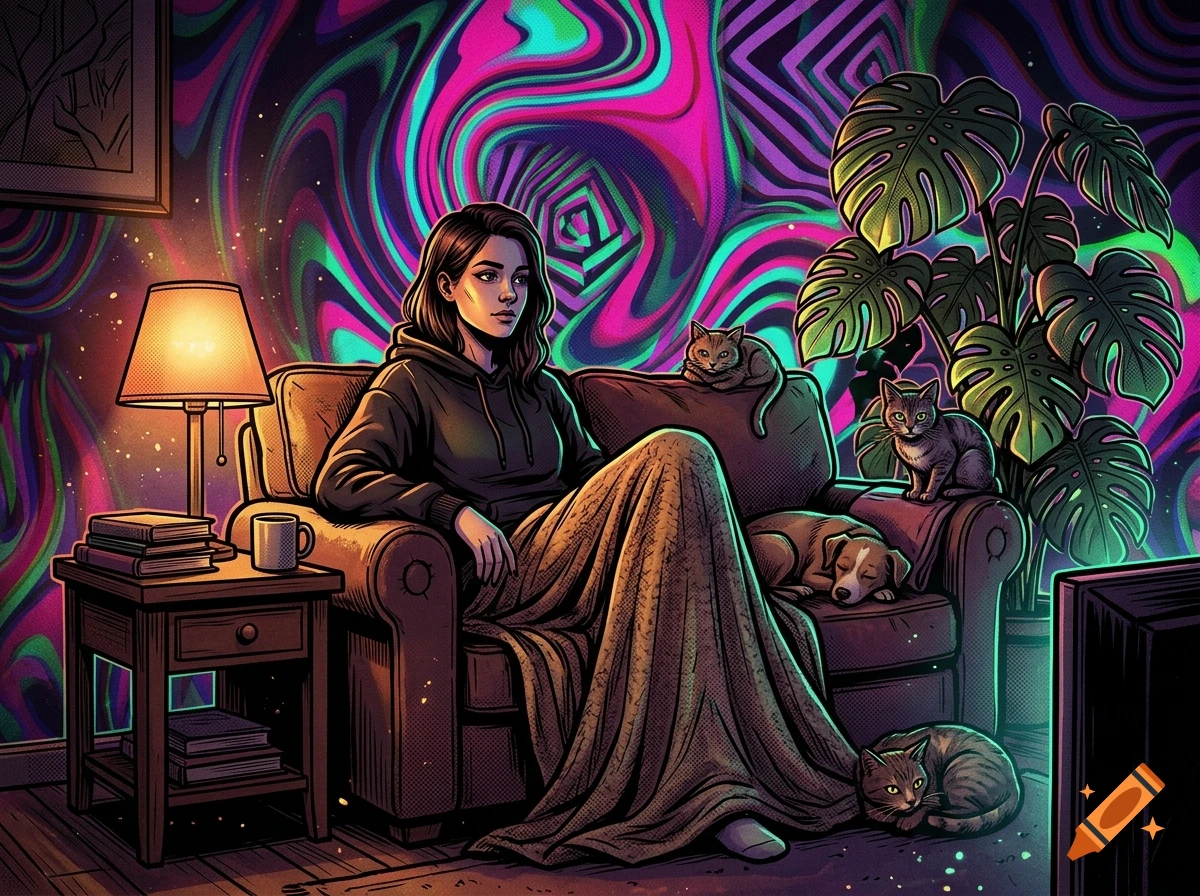 A young woman sitting on a sofa under a blanket in a room with trippy wall patterns, surrounded by a dog, cats, and a large plant in comic style.