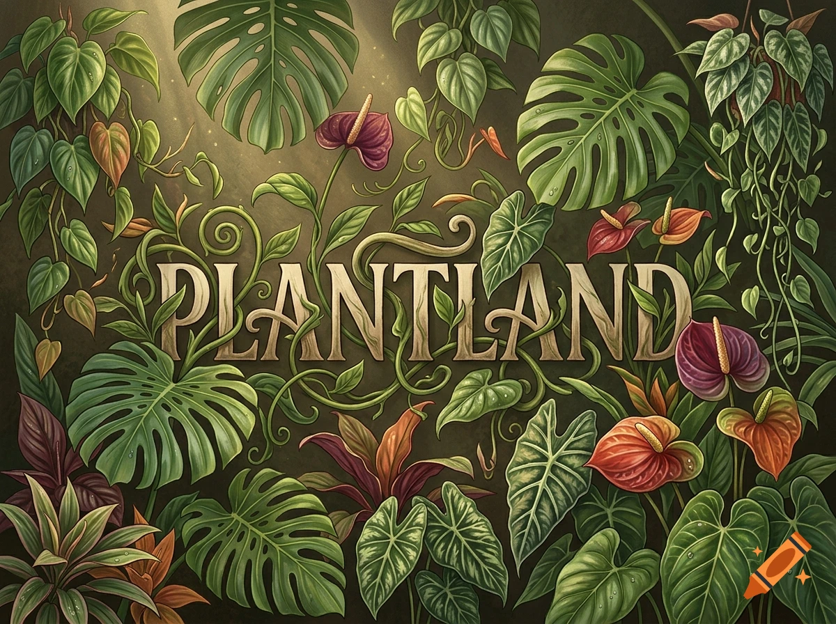 Detailed botanical illustration with the word 'PLANTLAND' surrounded by lush tropical plants and flowers.