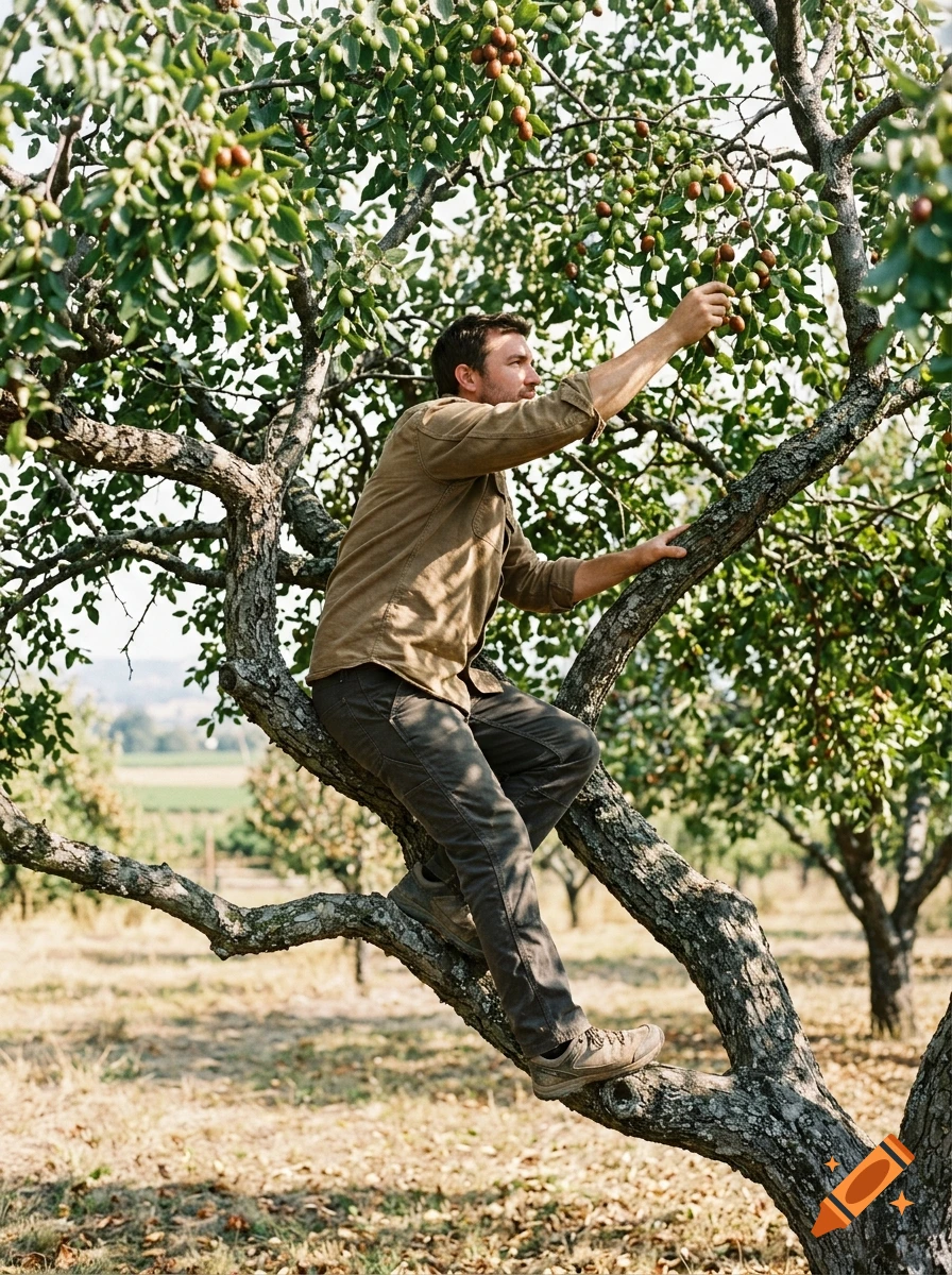A man in a brown shirt and dark pants climbs up into a lush jujube tree, picking fruit.
