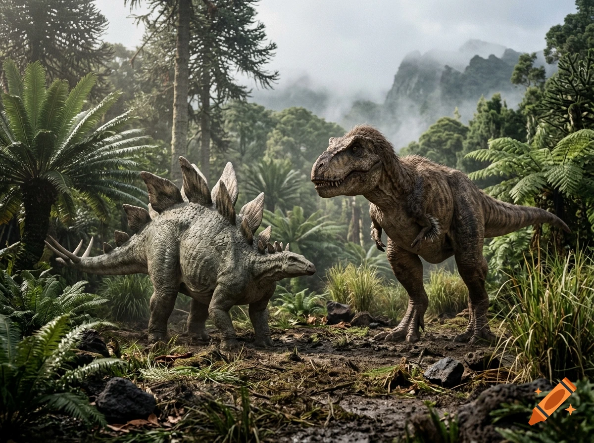 Photorealistic image of a stegosaurus and a tyrannosaurus rex facing each other in a dense prehistoric jungle.