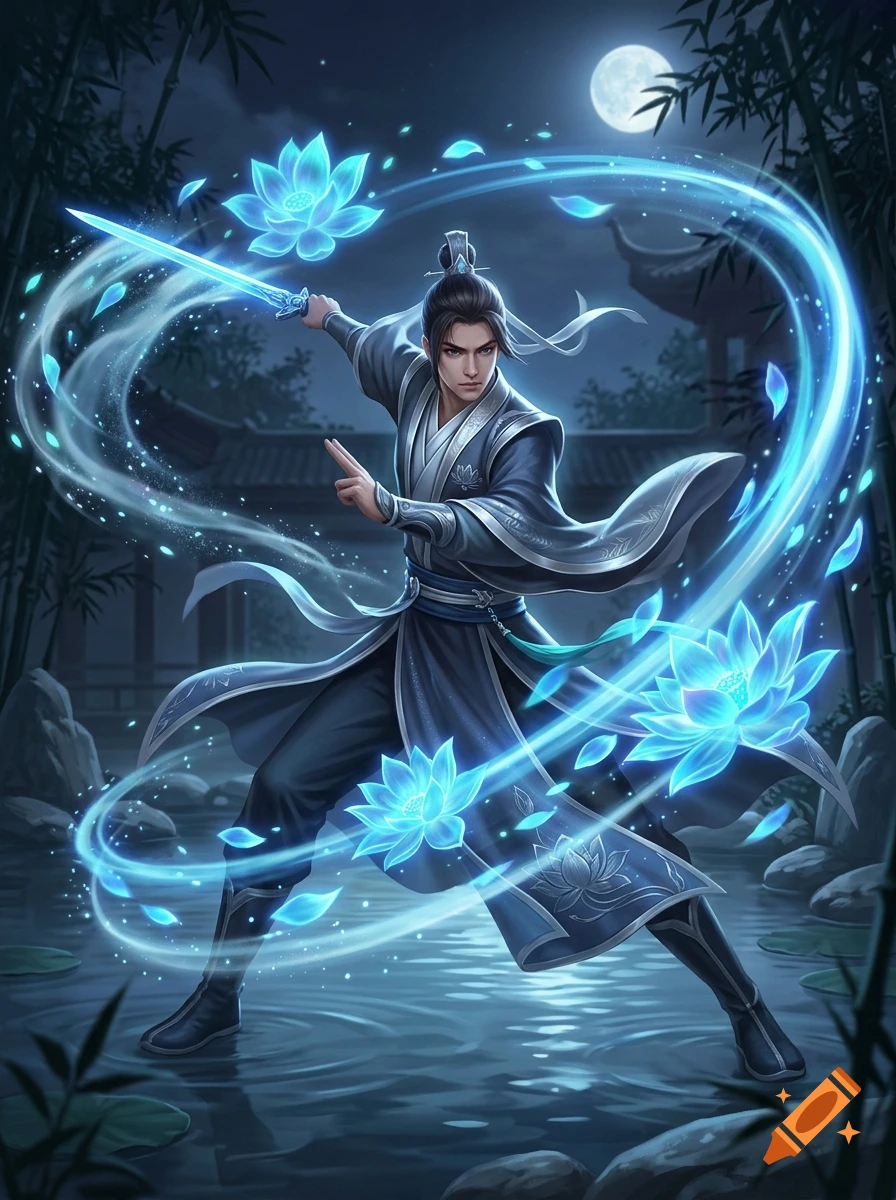 Digital art of a male martial artist wielding an azure lotus sword surrounded by glowing blue lotus flowers and light trails at night.