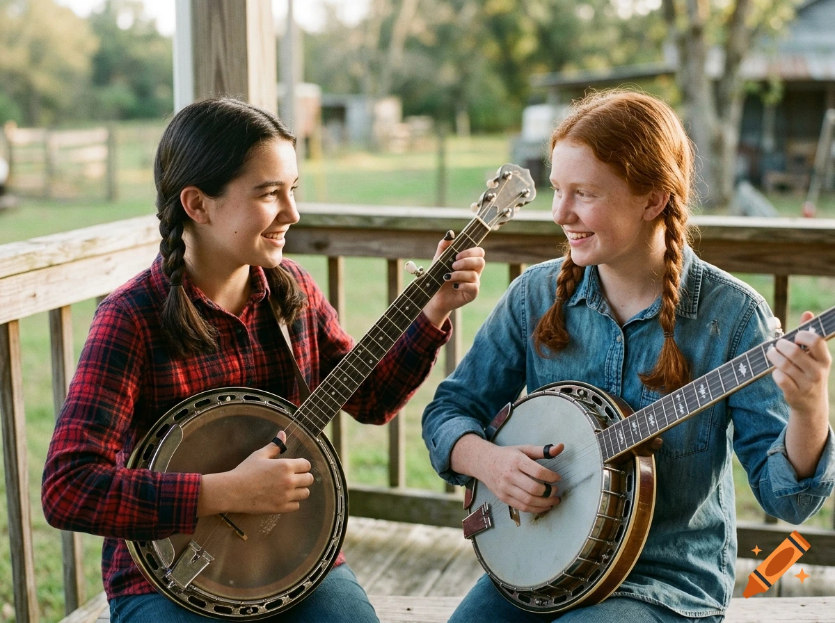 Two teen girls with braided pigtails playing banjos on a wooden porch, smiling at each other in a photorealistic style.