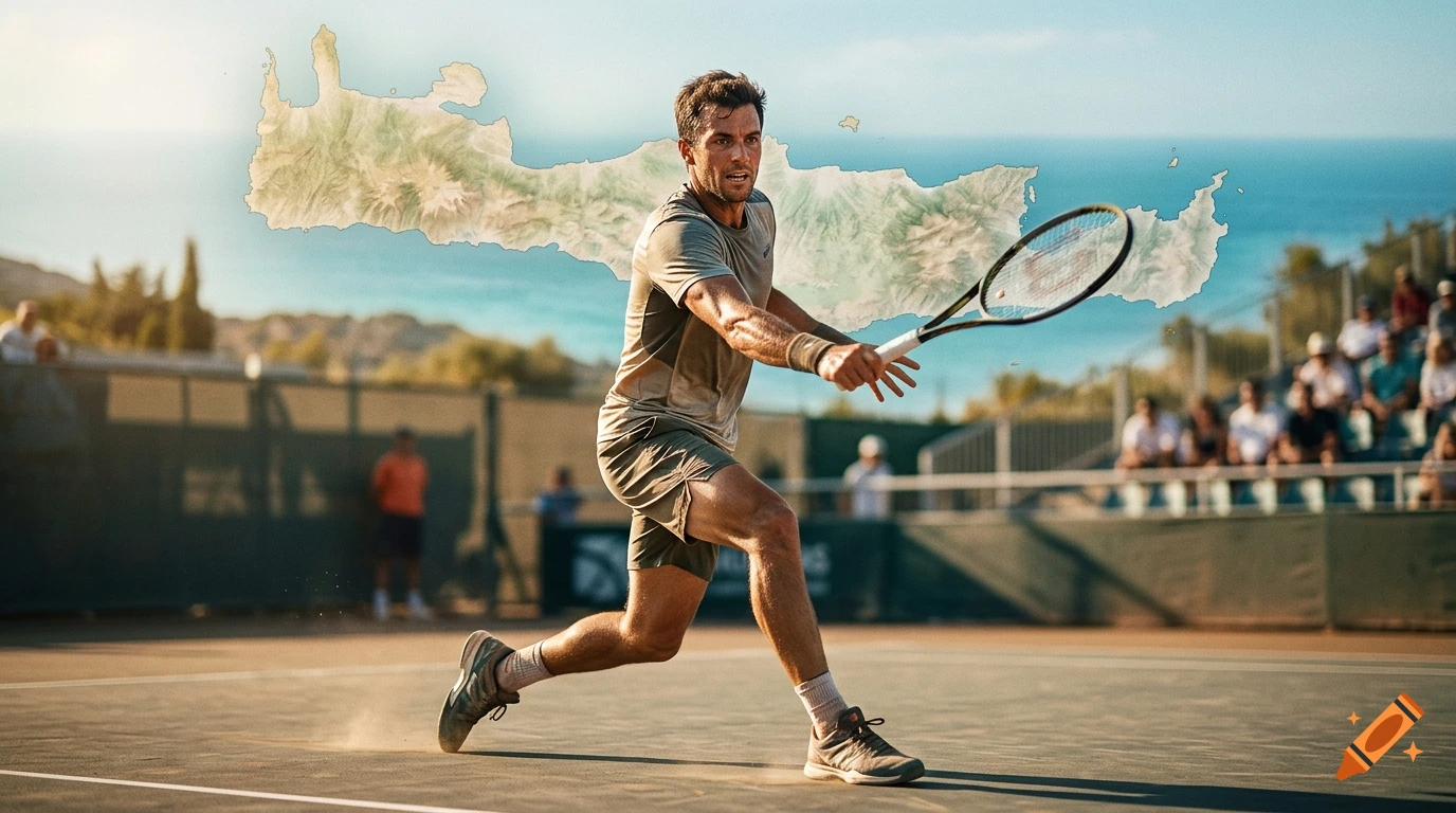 A professional male tennis player in action on a court with a stylized map of Crete in the background under warm Mediterranean light.