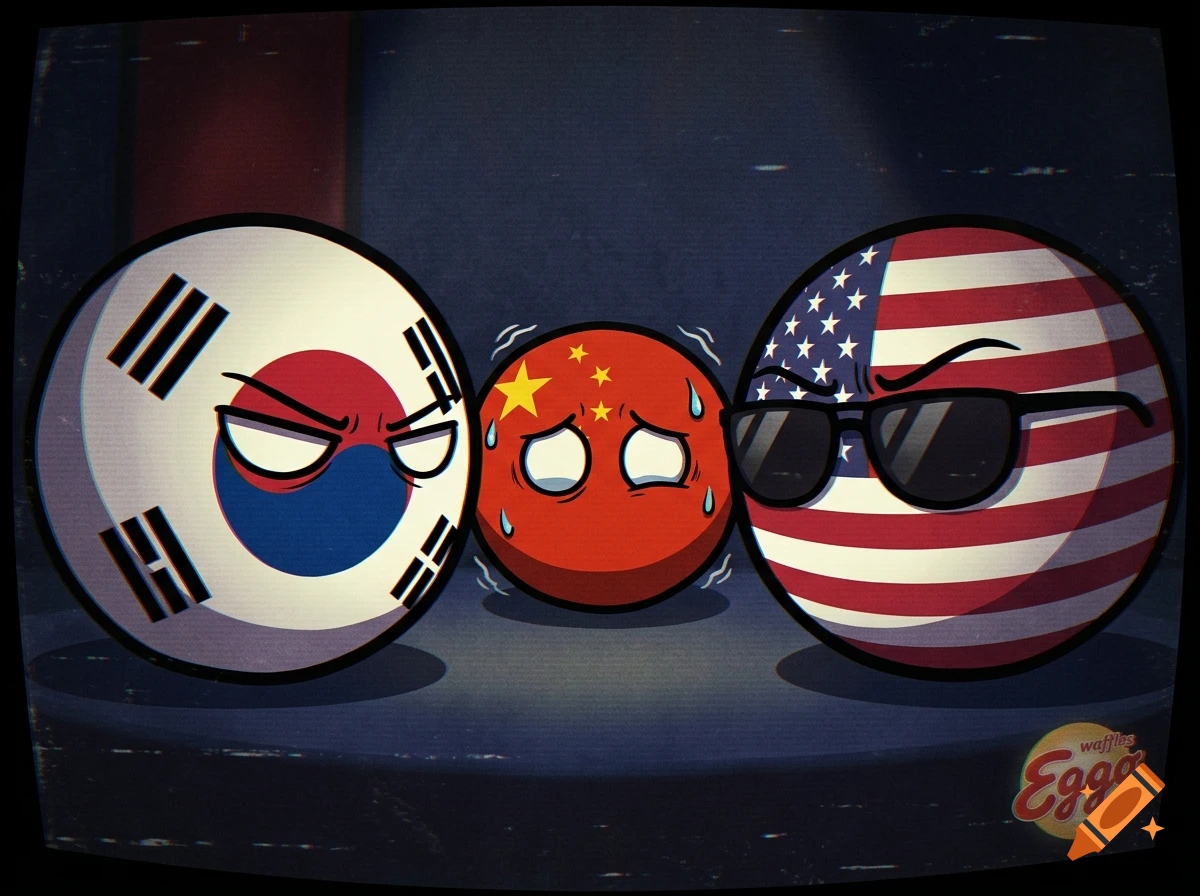 Digital illustration of countryballs representing South Korea and the USA confronting a sweating China in the center.