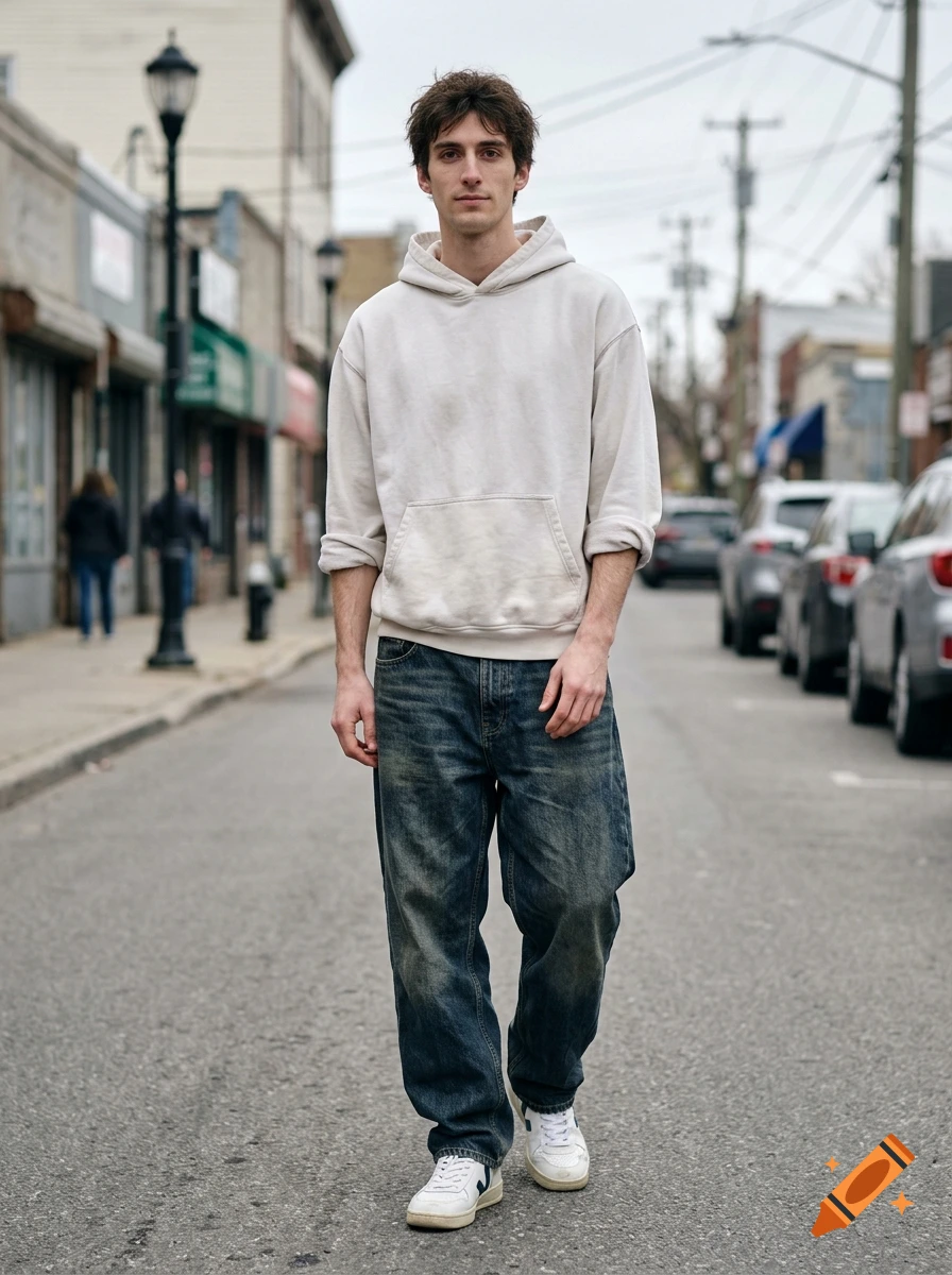 A photorealistic portrait of a young man in an oversized hoodie and baggy denim pants walking down a city street.