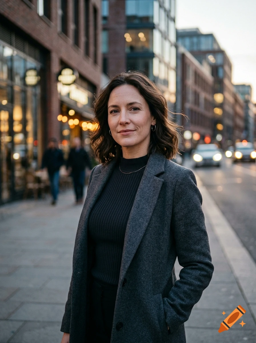 Photorealistic portrait of a woman in a grey coat standing on a city street at dusk.