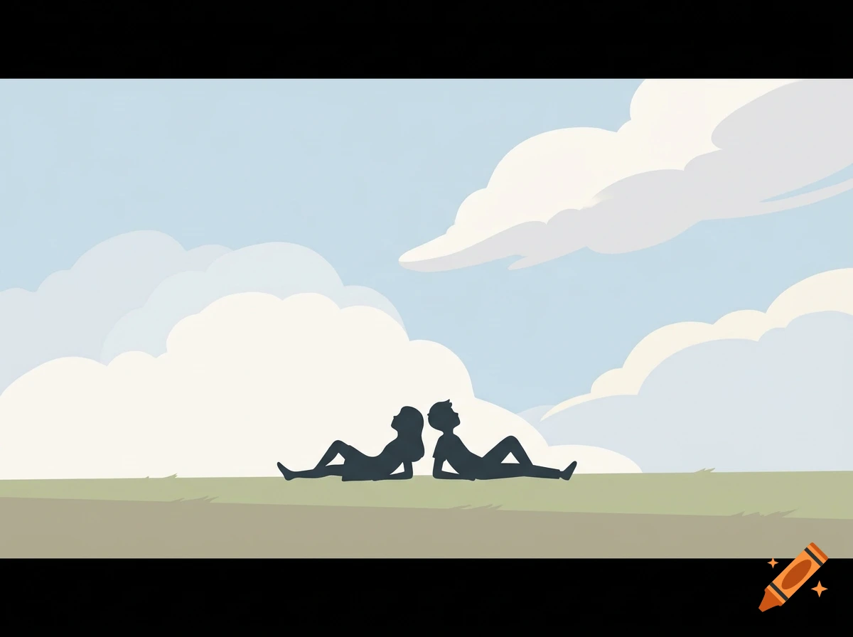 Minimalist digital illustration of a boy and girl silhouette lying on the ground looking up at clouds in a blue sky.