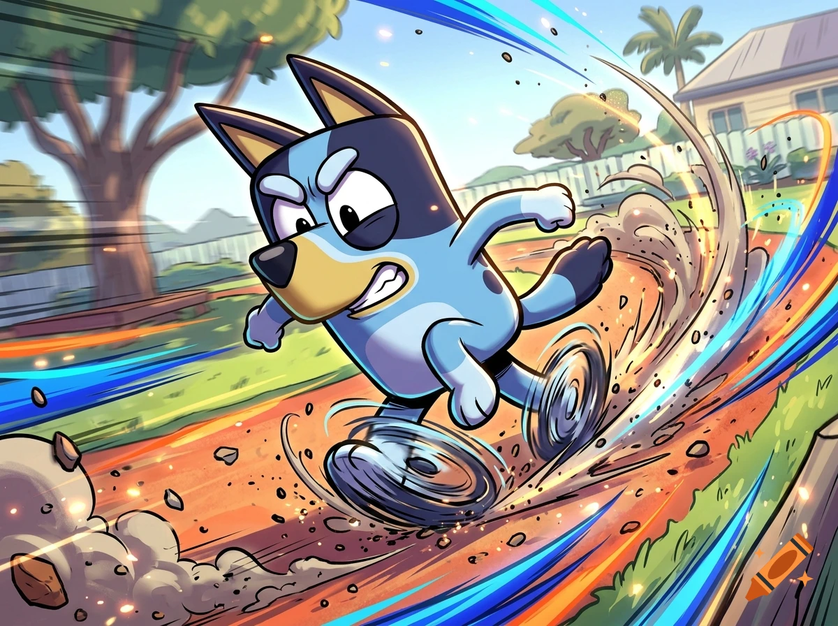 Animated illustration of Bluey running quickly with dust and speed lines in a suburban yard.