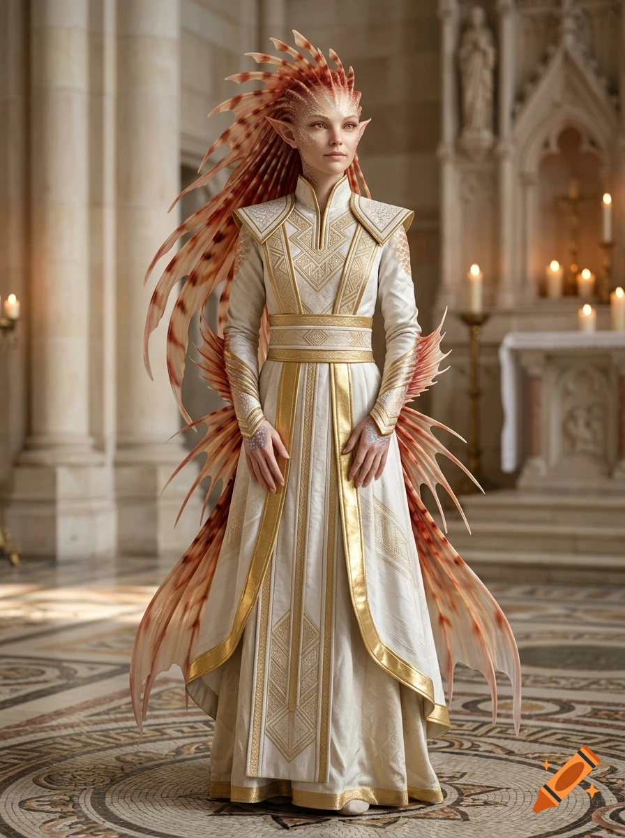 Photorealistic full-length portrait of a female elf lionfish hybrid wearing white and gold priestly robes inside a grand cathedral.