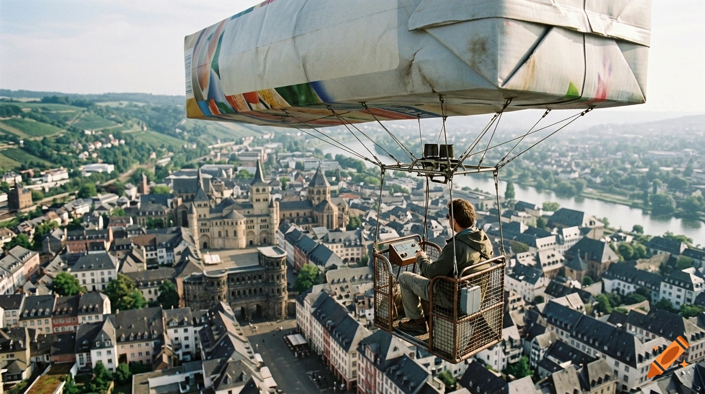 Aerial view of a person flying over a historic European city in a hot air balloon shaped like a milk carton.