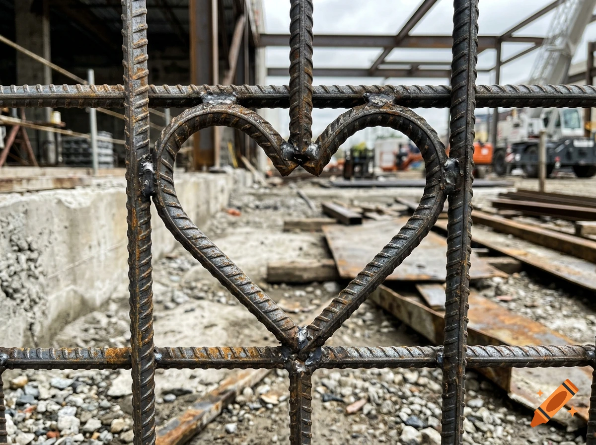 Close-up of a steel rebar fence with a handcrafted heart shape in the center at a construction site, photorealistic.