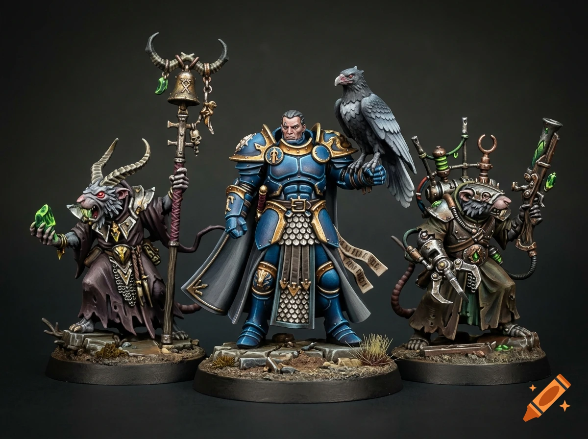 Detailed miniatures of a central armored warrior flanked by two rat-like creatures against a dark background.