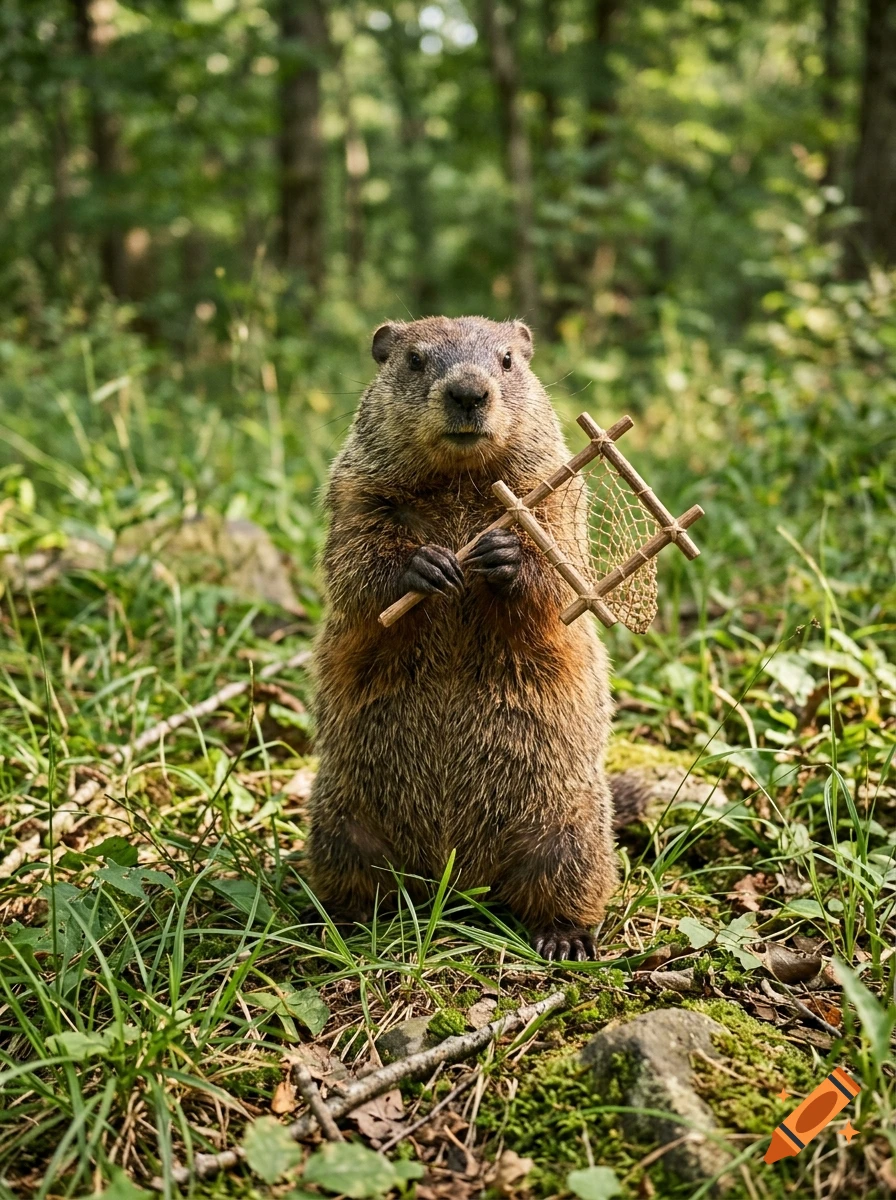 Photorealistic woodchuck standing upright in a forest, holding a small wooden net in its paws.