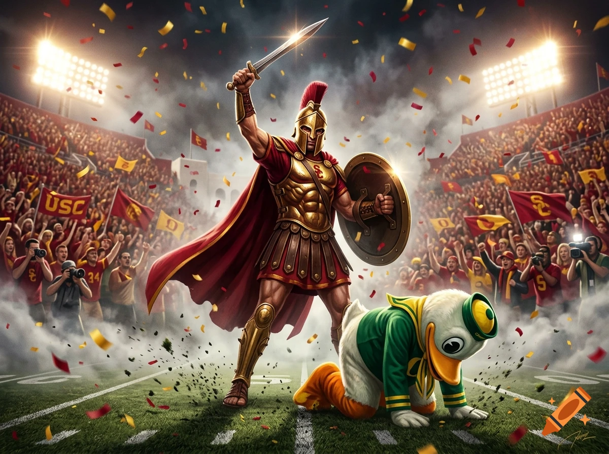A USC Trojan warrior holding a sword and shield, standing triumphantly over a defeated Oregon duck mascot on a football field.